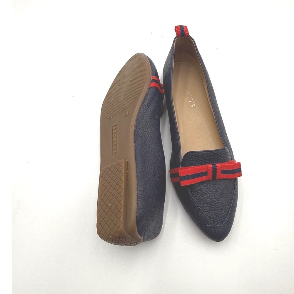 Talbots Womens Navy Pebbled Leather Pointed Toe Flats Red Striped Bow Size‎ 5M